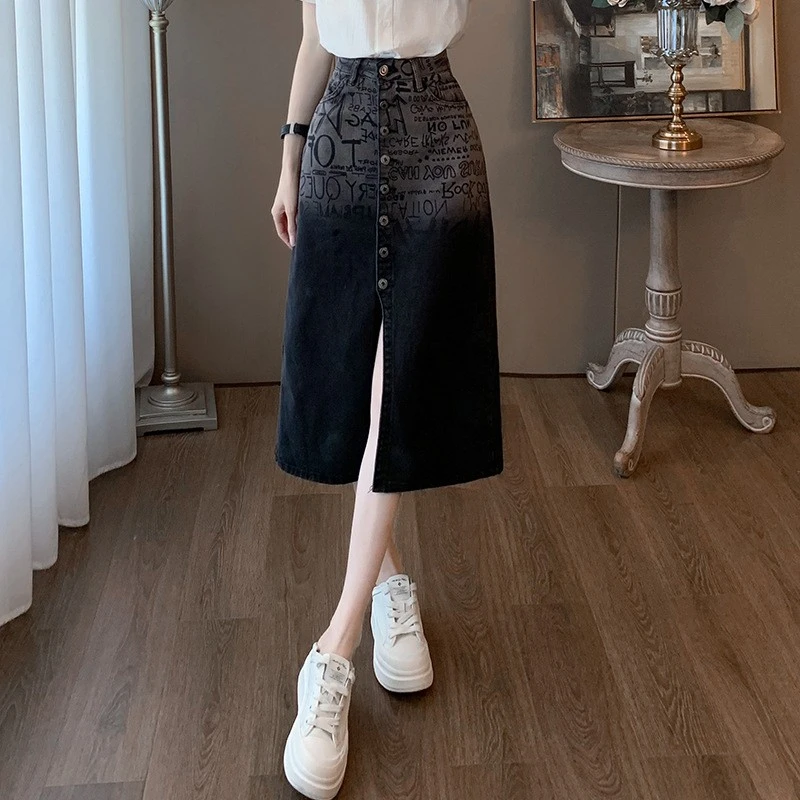 直筒感百搭新款牛仔半身裙半裙牛仔裙女长裙高级感开叉裙中裙子