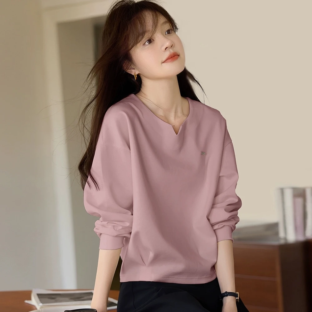 春秋新款休闲套头小V领宽松卫衣女简约收腰显瘦设计感百搭上衣