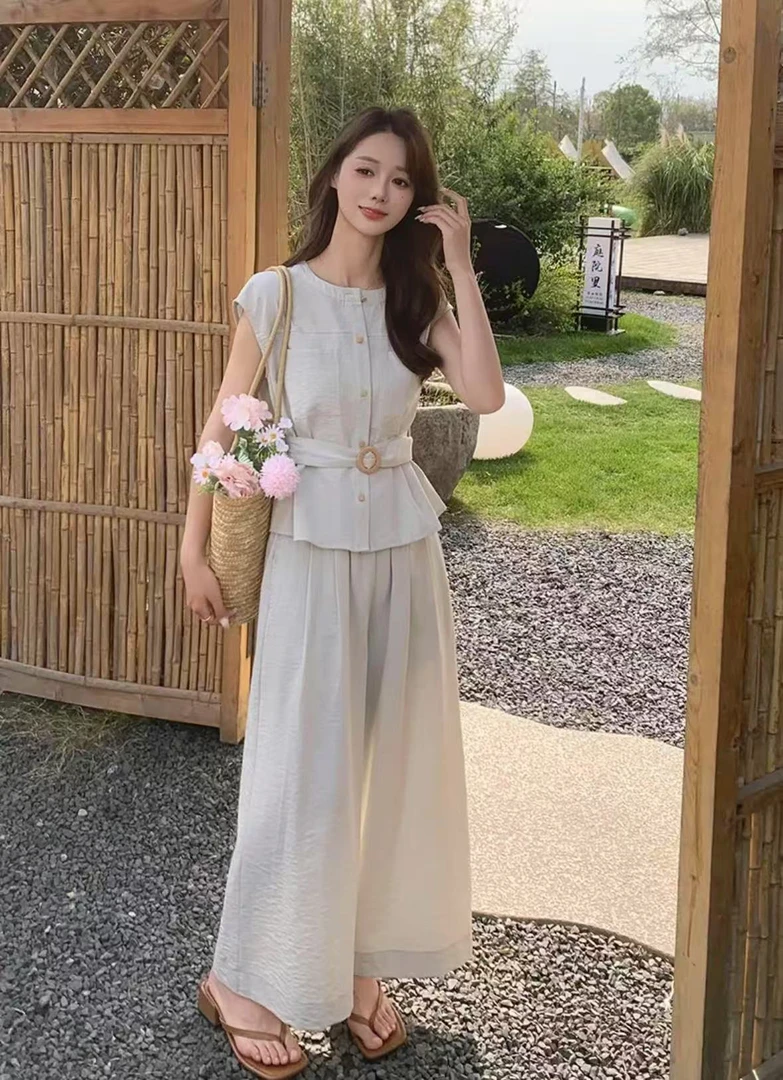 高品质时尚气质套装女2025新款夏季高级感显瘦上衣阔腿裤子两件套