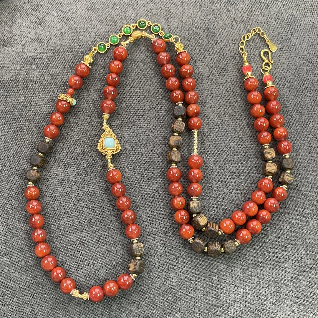 【天香如易】天然原矿南红火焰纹圆珠项链 卡6-7左右（多样性发货）