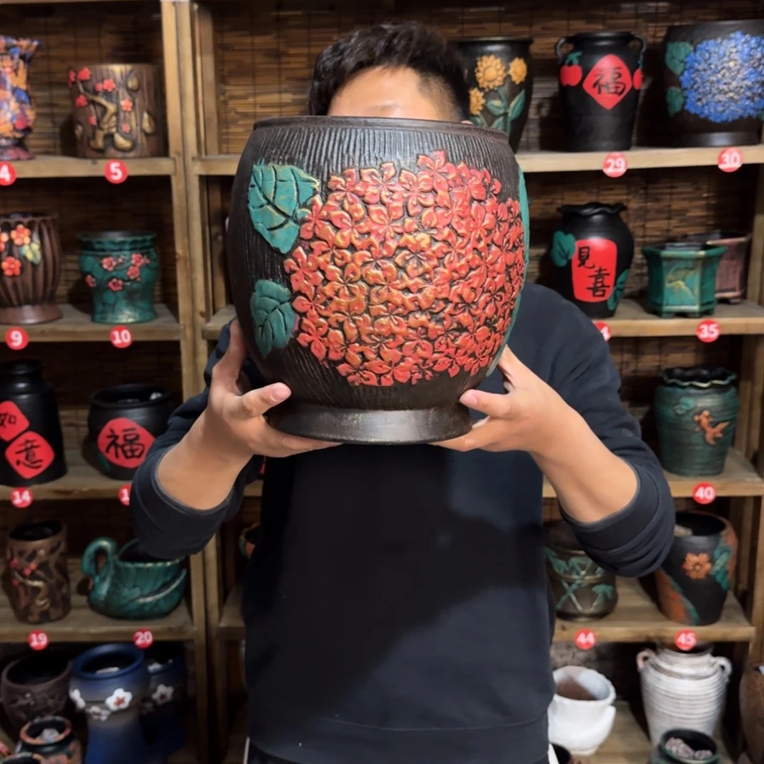 带孔高端红陶浮雕花盆炸炸炸