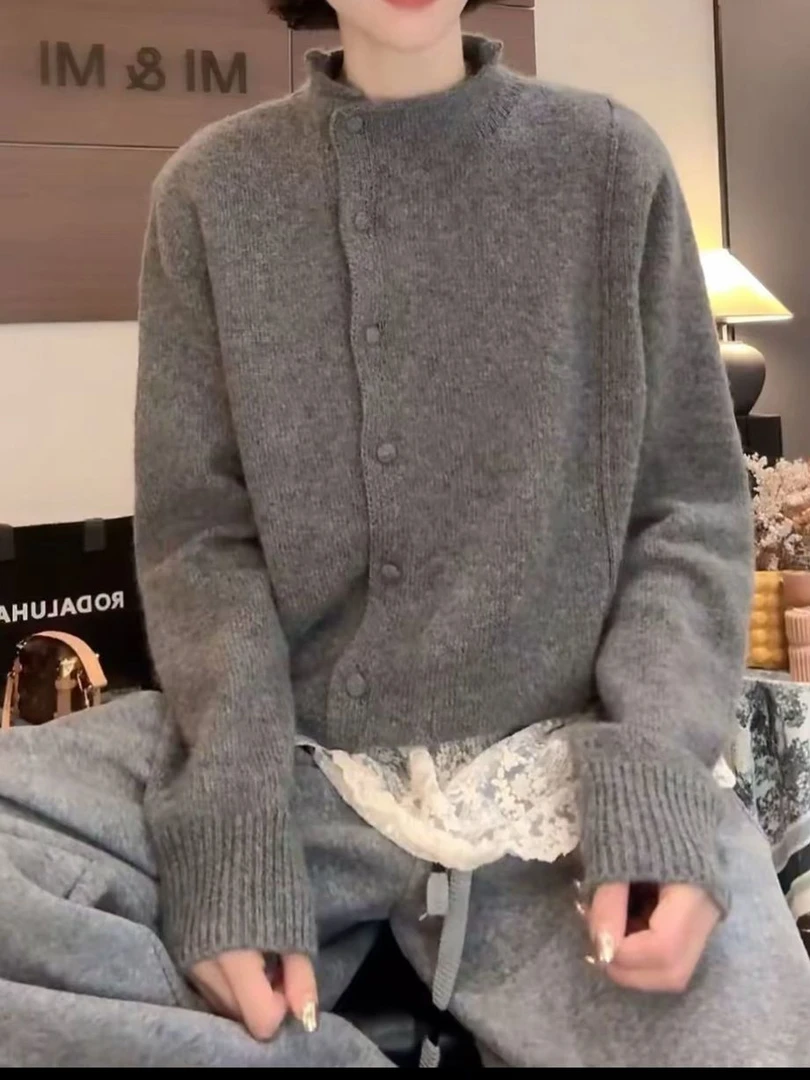 2025秋冬新款纯色立领外套毛衣针织开衫纯色休闲百搭高级感上衣女