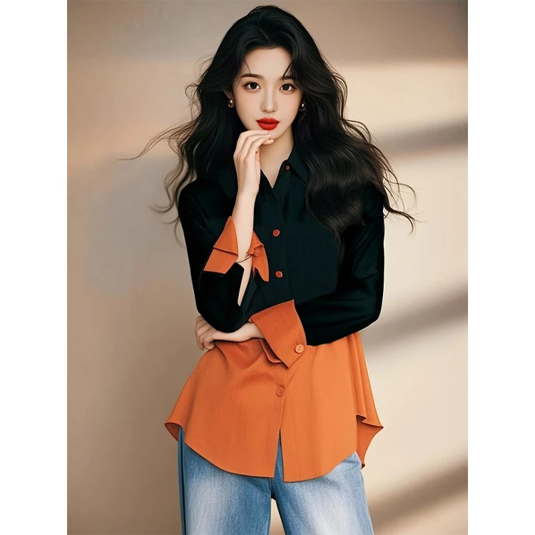 韩系独特超好看设计感黑色撞色Polo领长袖衬衫女2025春季新款上衣