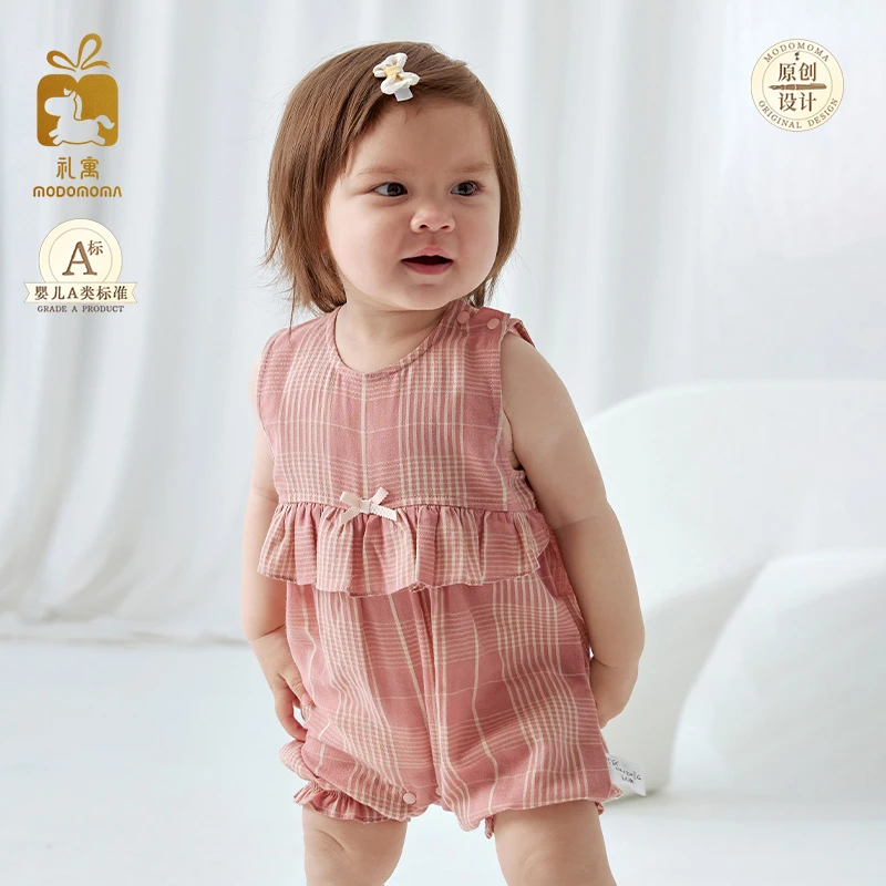 modomoma【梨花落霞】婴儿衣服夏女宝连体衣无袖背带哈衣包屁衣