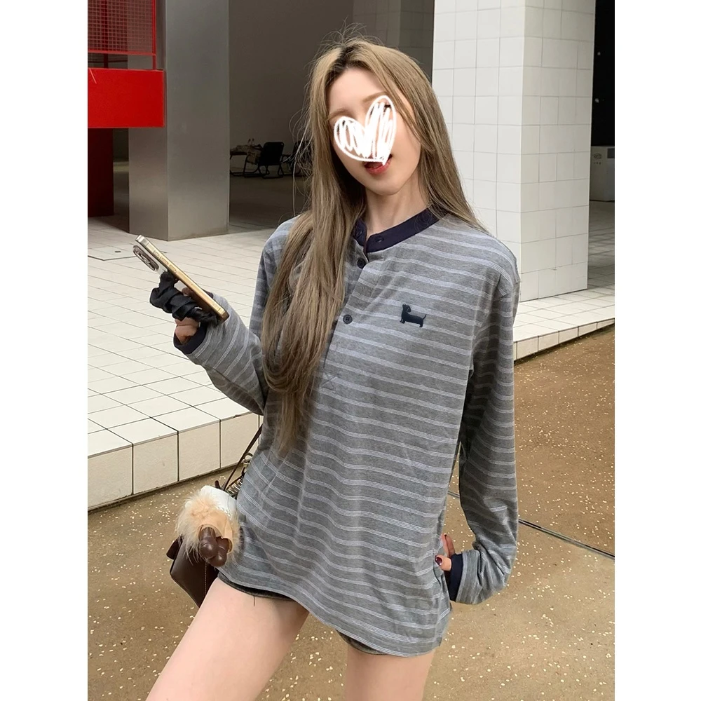 通勤简约亨利领条纹长袖T恤女春秋潮流复古宽松显瘦韩系小众上衣