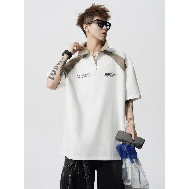 半拉链设计翻领短袖T恤男夏季高级感宽松五分袖polo领休闲半截袖