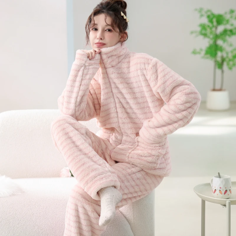 韩系简约条纹加绒睡衣女秋冬季新款保暖宽松可外穿家居服套装