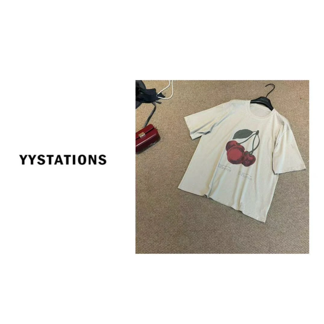 YYSTATIONS 新款肤感麻里棉樱桃树莓印花圆领大版T-D0196