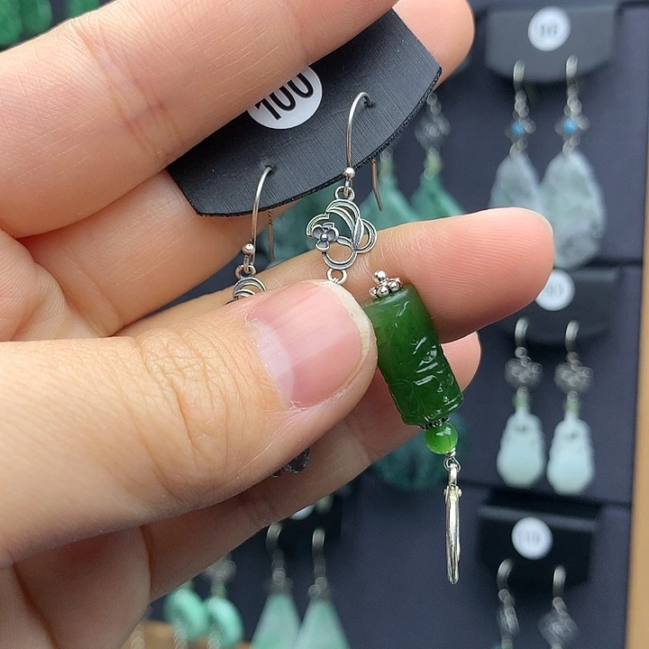 和田玉耳饰银S925镶嵌阿***瓜