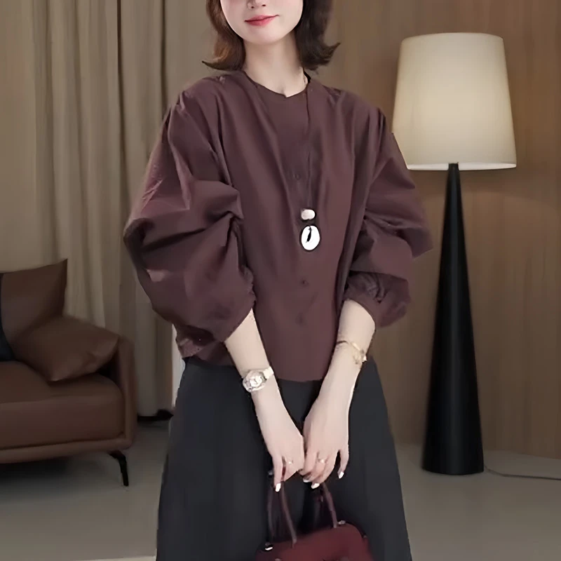 纯色秋季韩版时尚衬衫2025新款套头休闲风女装通勤百搭宽松上衣潮