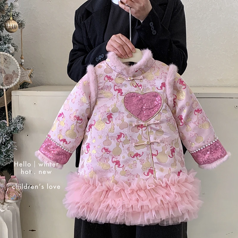 冬“如意扣”女童中国风加绒印花连衣裙25D057