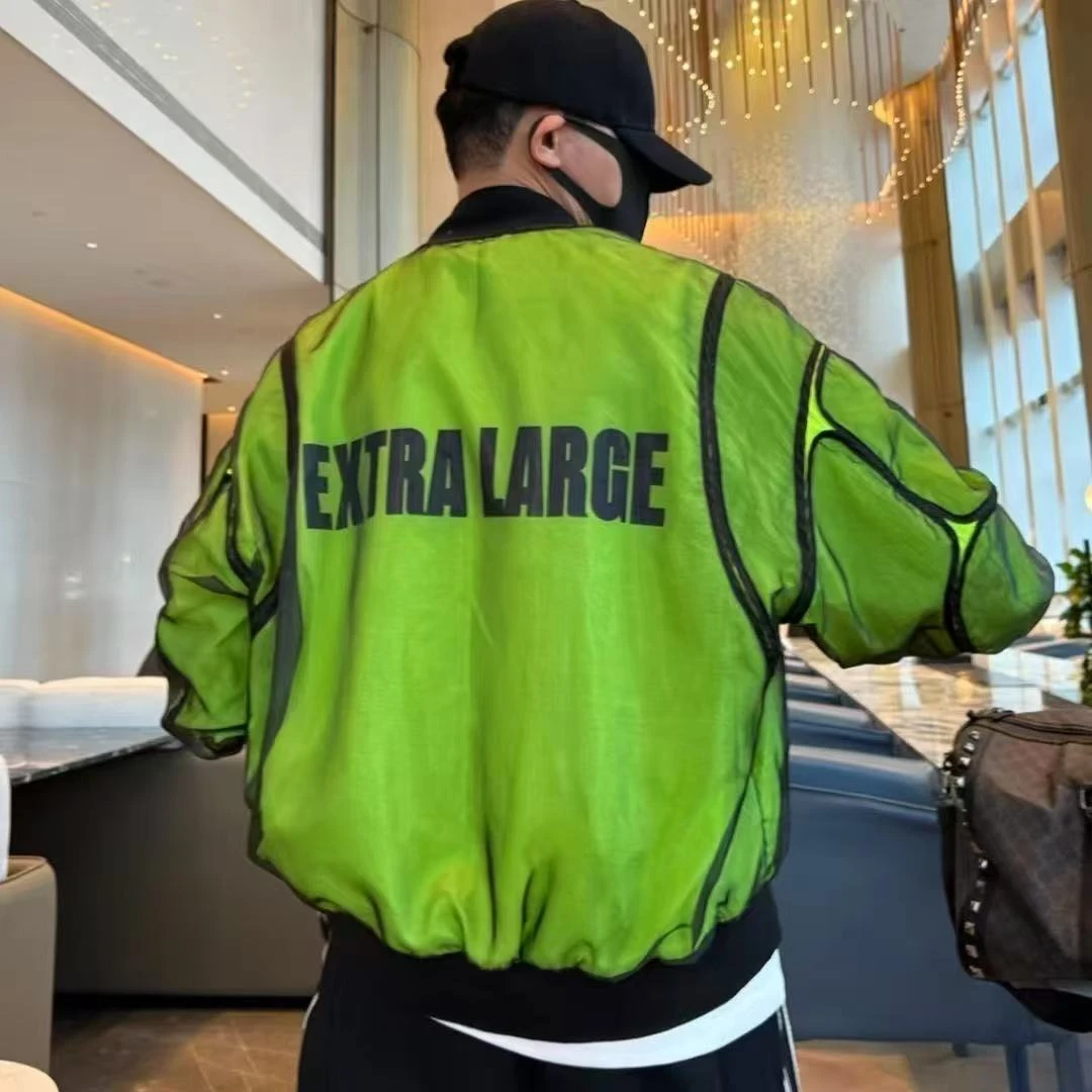 春夏新款网纱拼接薄款夹克男士时尚潮流宽松外套字母百搭休闲上衣