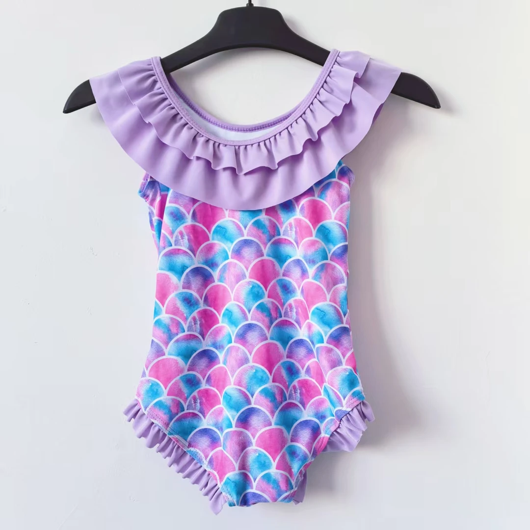 女童美人鱼泳衣双层花边连体梦幻紫女中小童泳衣泳池沙滩
