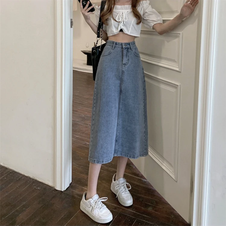 004中长裙女薄款a字复古半身裙裙子高腰夏装小个子浅色牛仔包臀