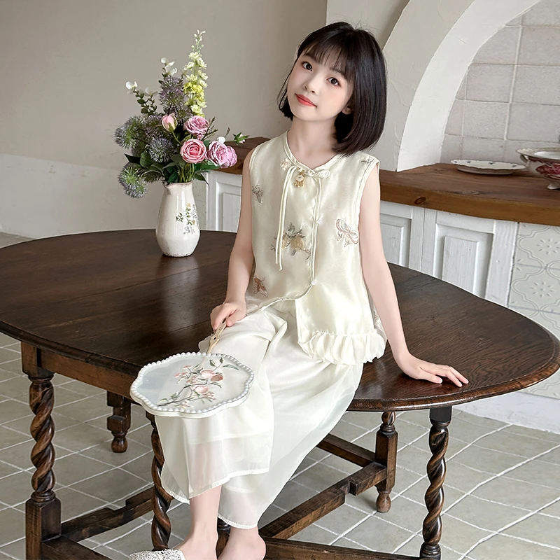 女童夏款新中式国风提花刺绣套装2025新款夏季中大童阔腿裤两件套