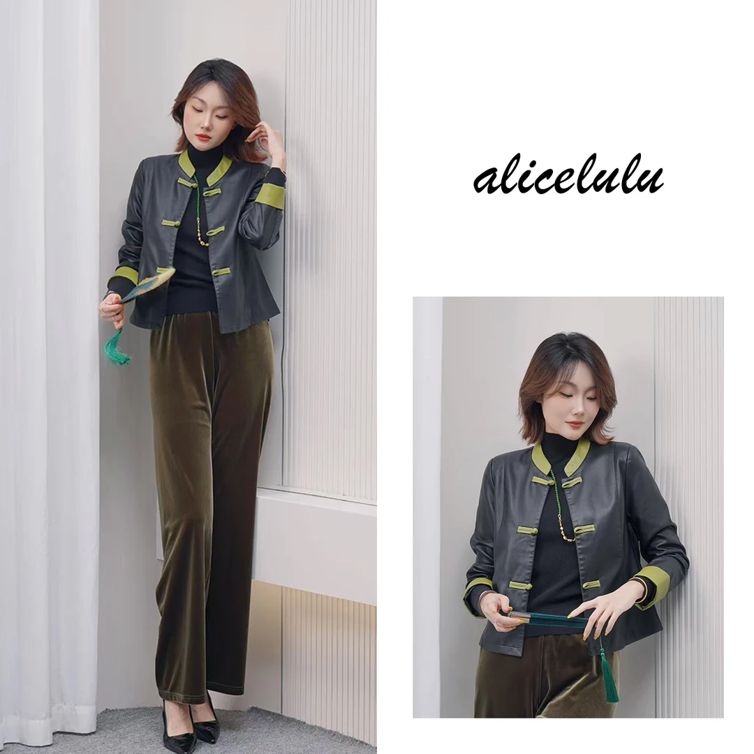 [alicelulu] 新中式国风显瘦拼色立领皮衣外套S2144912Ur