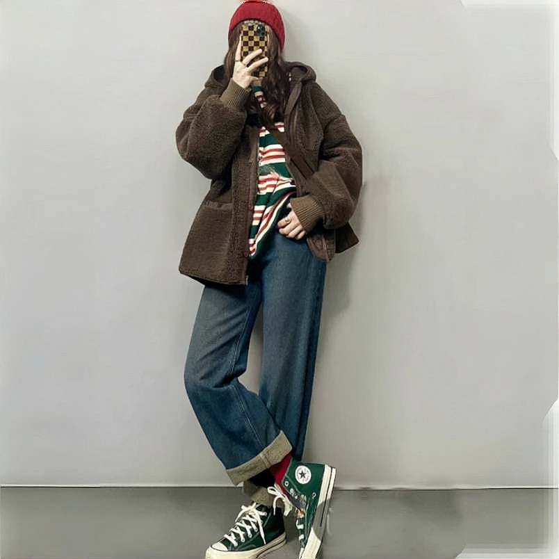 0869欧货设计感颗粒绒宽松连帽外套