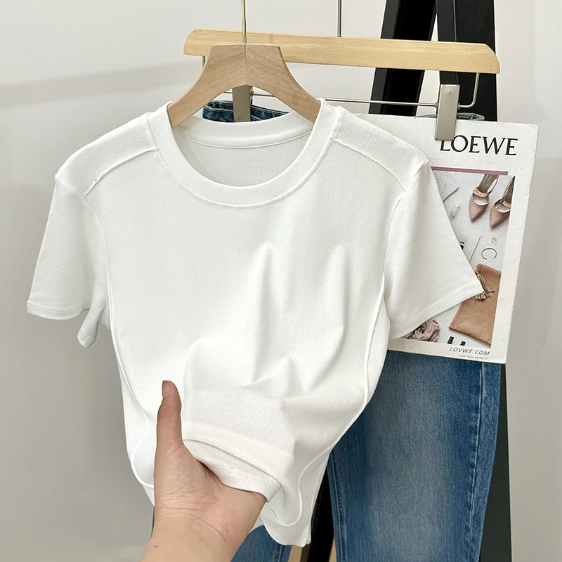 【粉丝福利】圆领短袖修身T恤女夏欧货鱼骨短款正肩小衫-A022