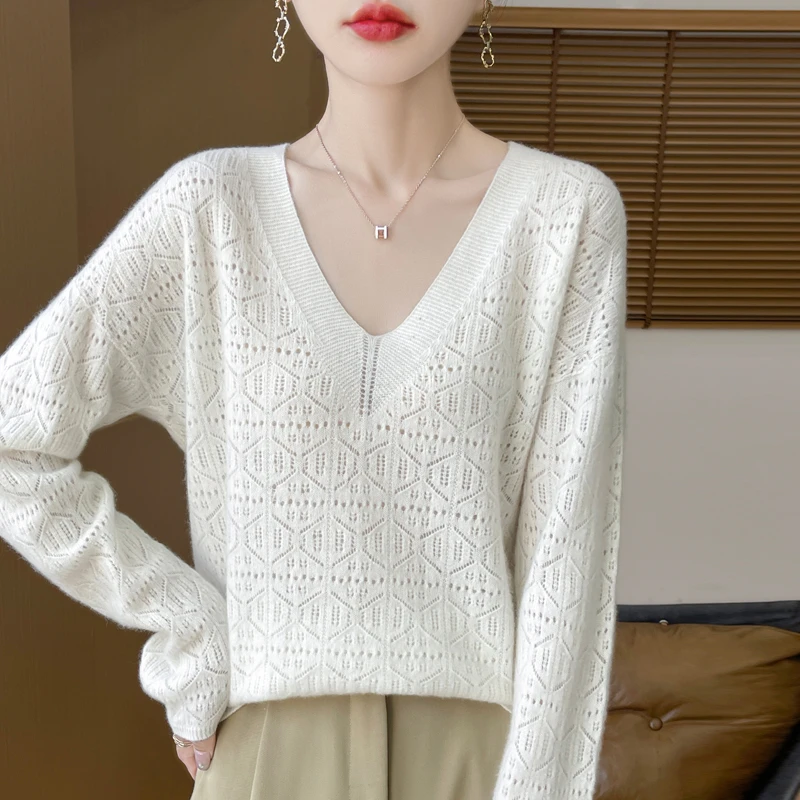 MDS100%羊毛衫V领镂空宽松百搭纯色长袖针织衫-846