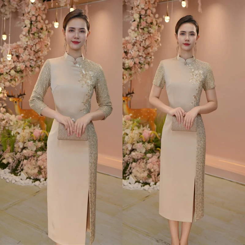 新中式改良旗袍小众轻奢时尚显瘦婚礼妈妈香槟色中国风大码连衣裙