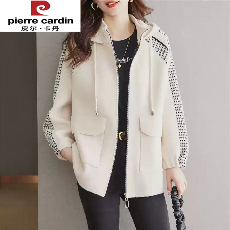 皮尔卡丹米色连帽卫衣外套女春秋新款加厚宽松拉链夹克外搭休闲棒