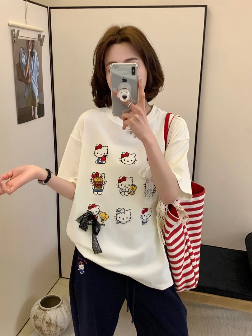 趣味卡通kT猫刺绣蝴蝶结印花立体装饰T恤女2025夏季新款韩系宽松