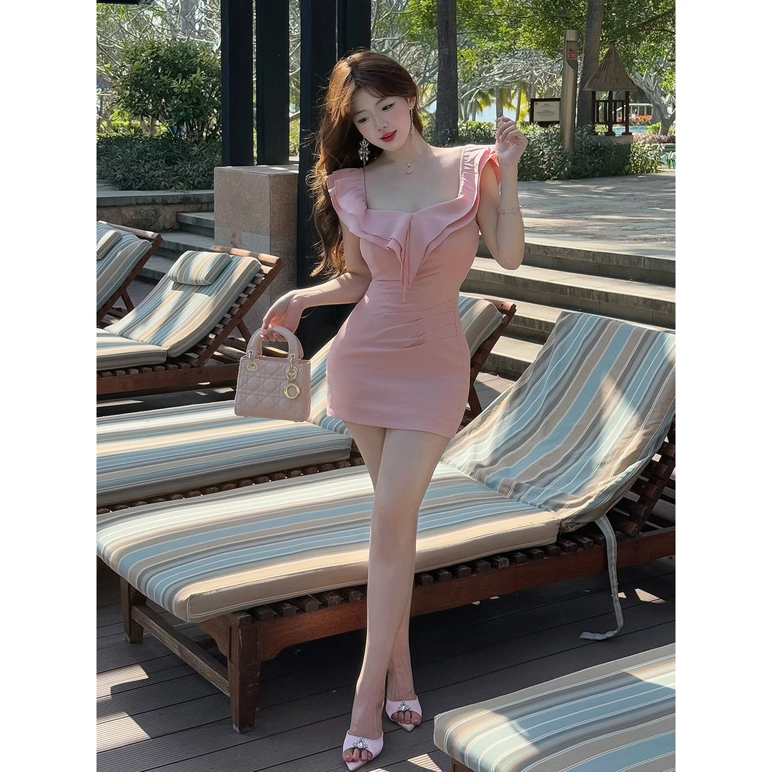 MengFairy清清【荷枝桃桃】欧式小众度假花边一字肩花边连衣裙4981M