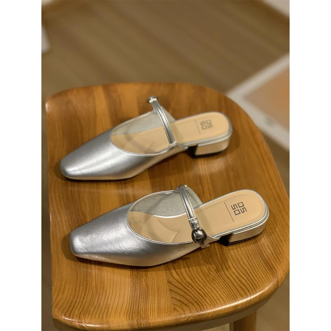 银色包头半鞋女式外凉鞋夏季新款平底带低跟拖鞋女式鞋