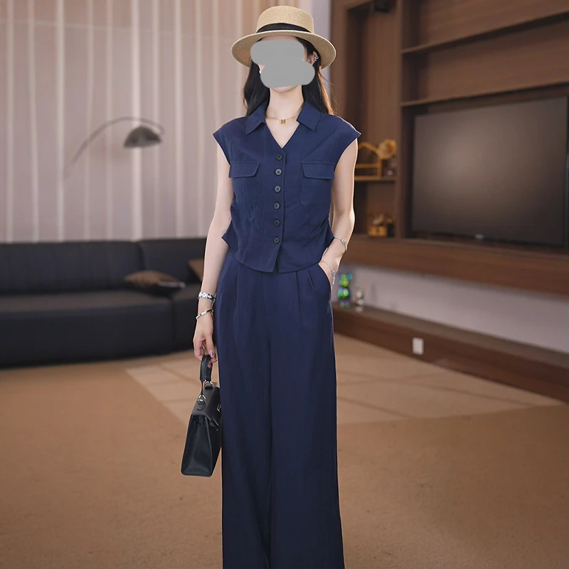 夏季搭配一整套干练气质高级感纯色无袖时尚西装马甲阔腿裤套装女