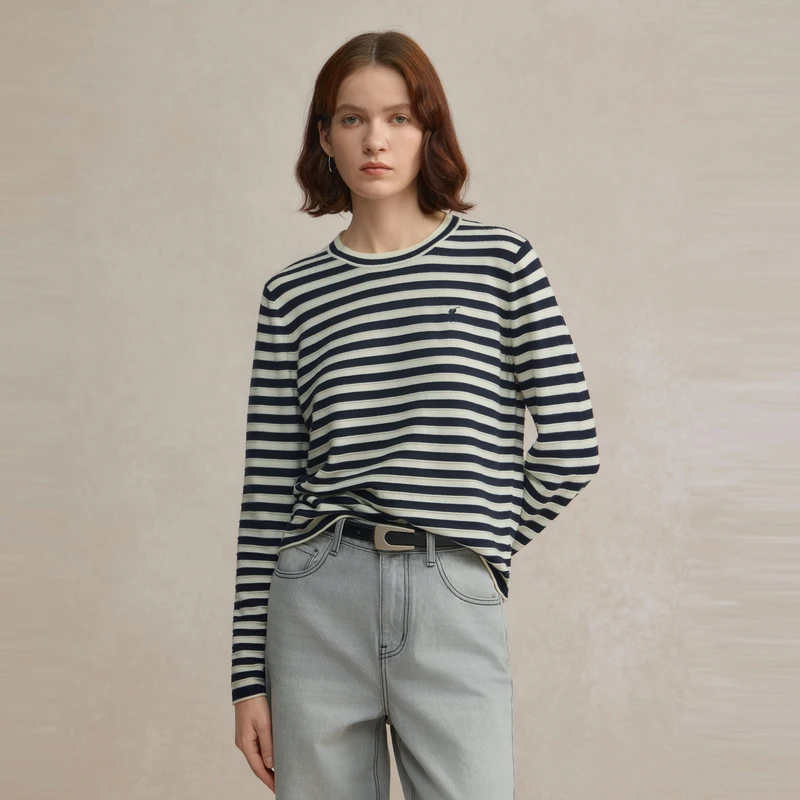 POLOWALK女装2025秋季新品女式长袖针织衫条纹简约