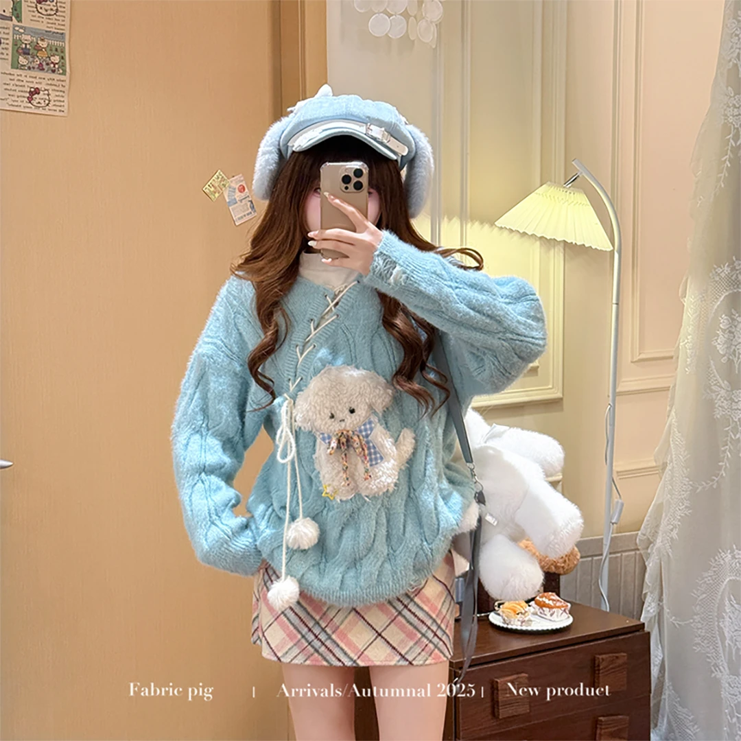 白桃小狗 织物猪原创 甜美风麻花套头毛衣外套女秋冬毛织衫短裙