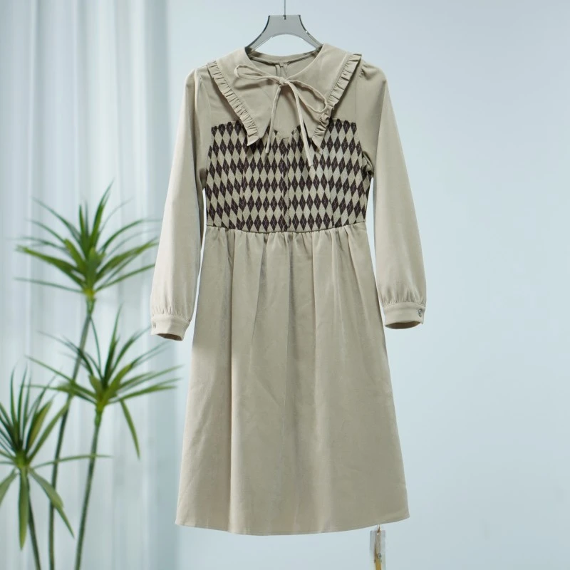 【诗M】O-428  女装秋菱格拼接连衣裙卡其2581763