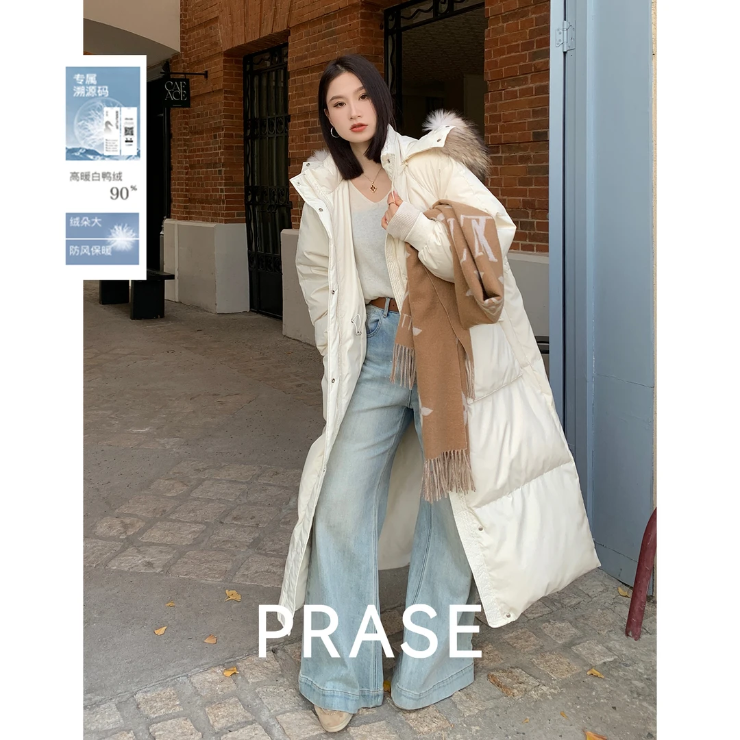 PRASE【温暖回归】90白鸭绒可拆卸貉子毛领显瘦羽绒服女PR510B09