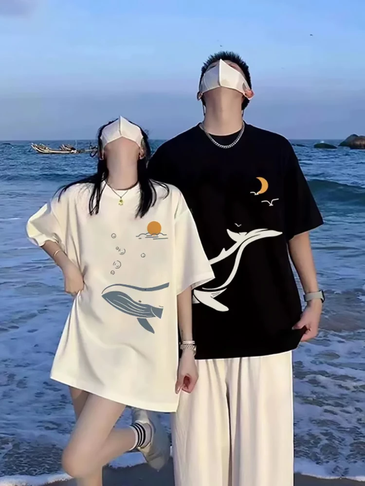 【两件装】情侣装纯棉短袖夏季新款休闲时尚宽松百搭鲸鱼拼接印花T