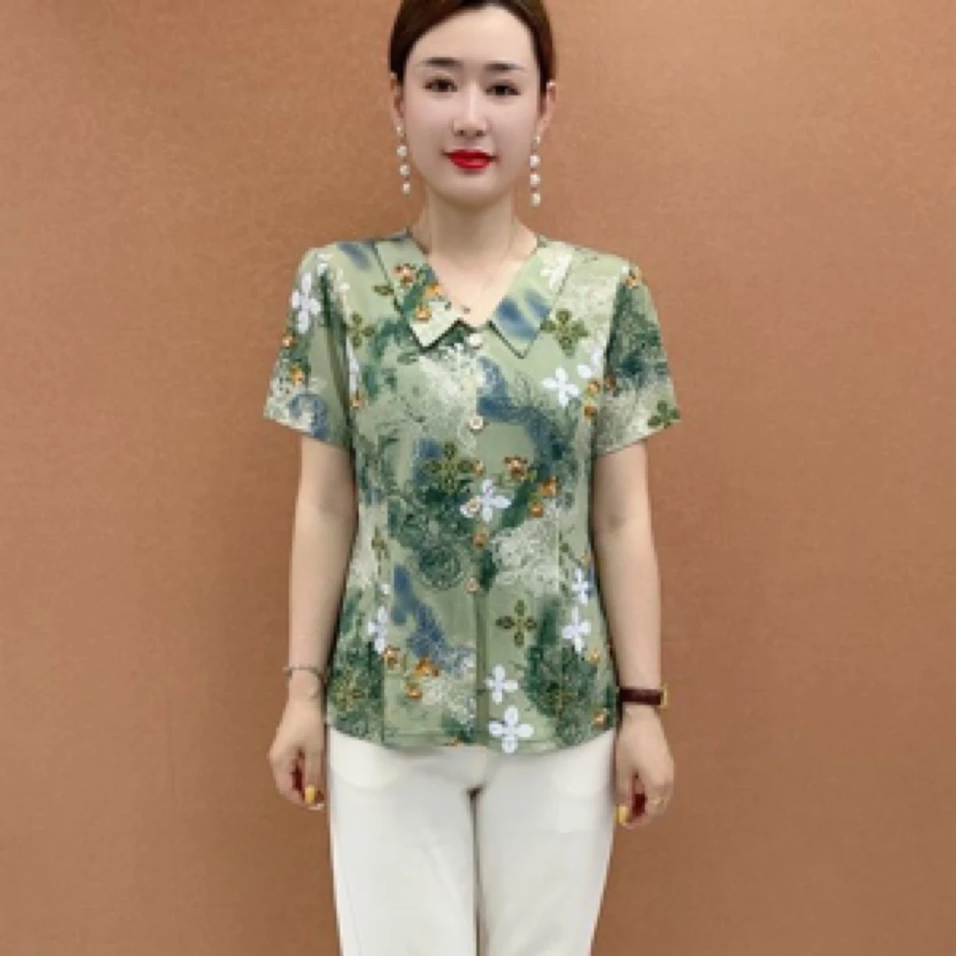 夏季新款娃娃领气质提花短袖小衫时尚洋气显瘦减龄妈妈装T恤上衣