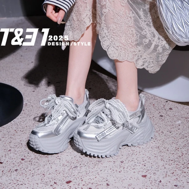 T31 女鞋正品老爹鞋2025春真皮厚底增高8cm超轻休闲百搭老爹鞋女