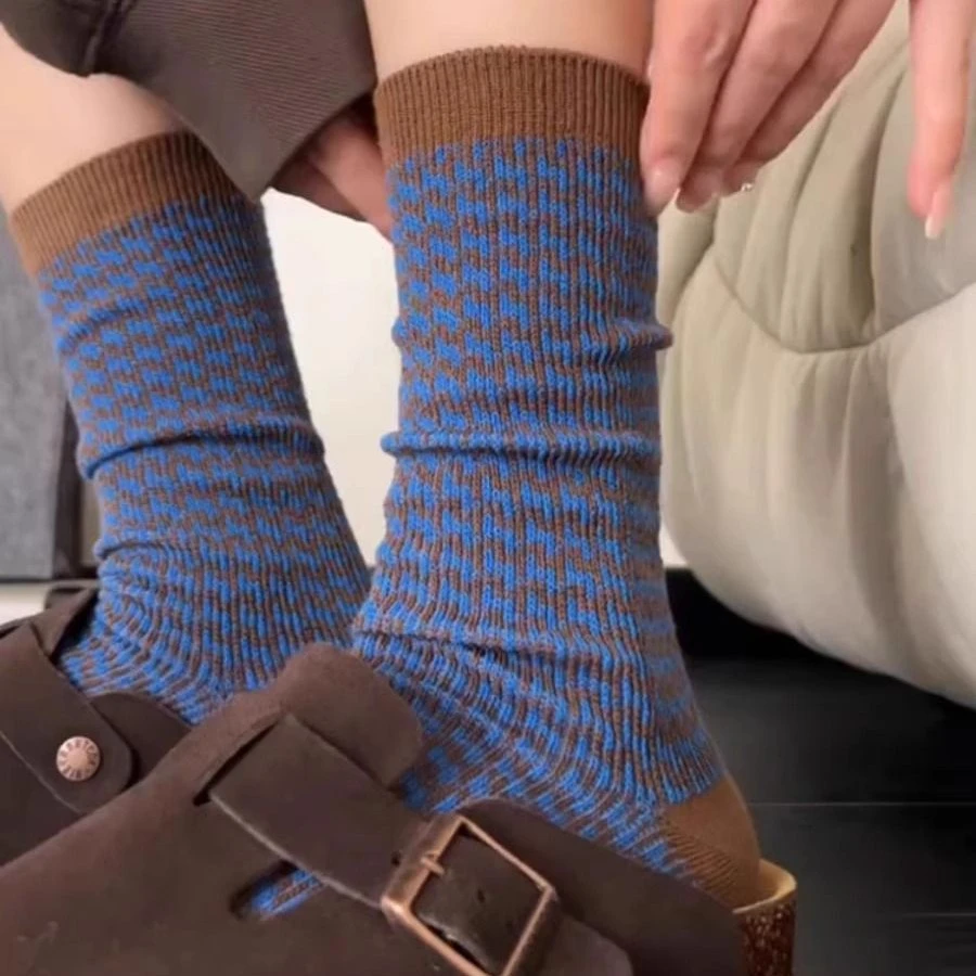 条纹袜子女中筒袜秋冬休闲日系文艺复古千鸟格春秋季长袜堆堆袜女