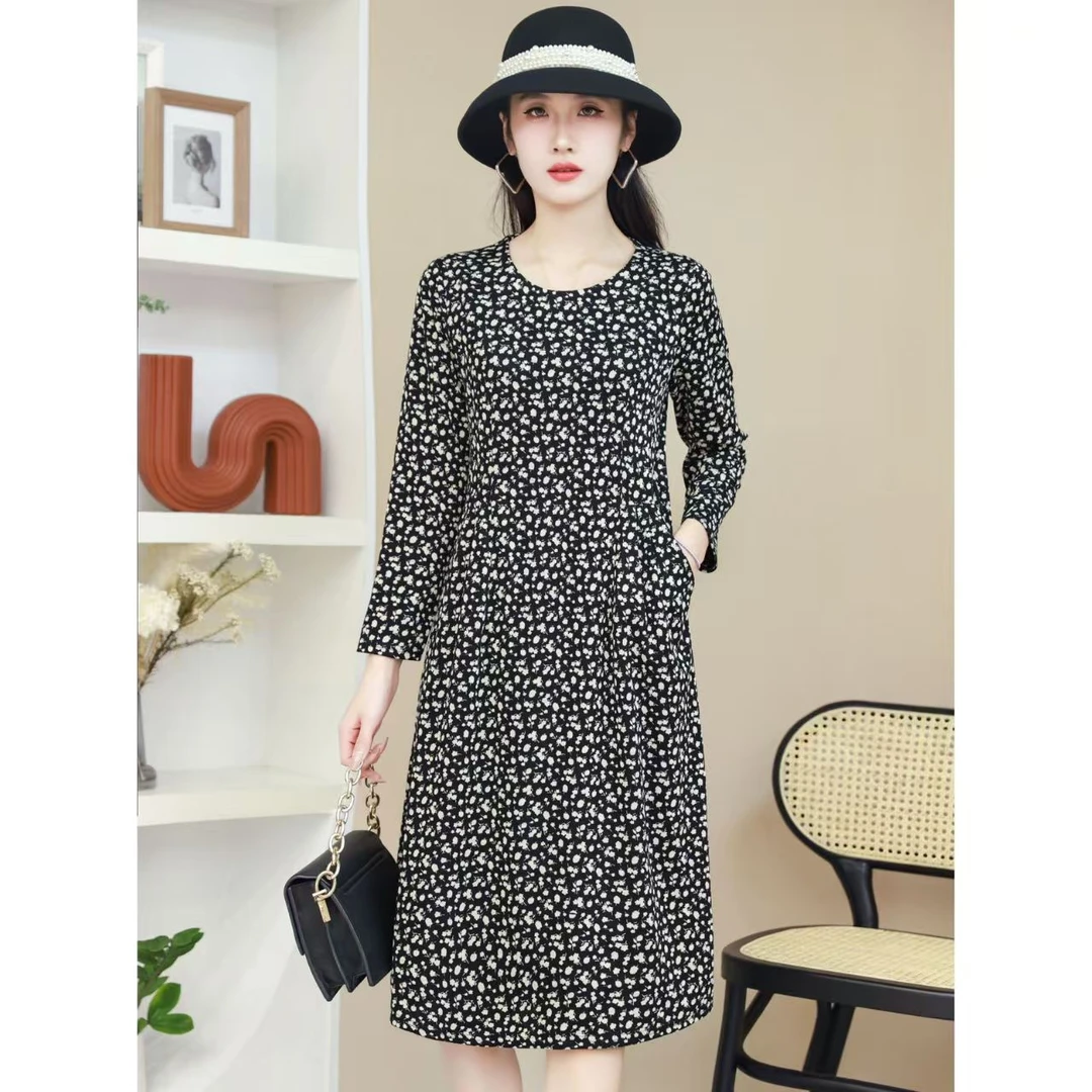 10372-新款高档妈妈长裙女装显瘦过膝圆领中长款长袖连衣裙【G仓】