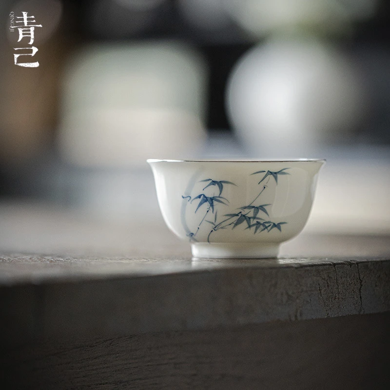 青己 玉泥白瓷手绘竹青花主人杯 家用陶瓷釉下彩喝茶君竹君吟茶杯