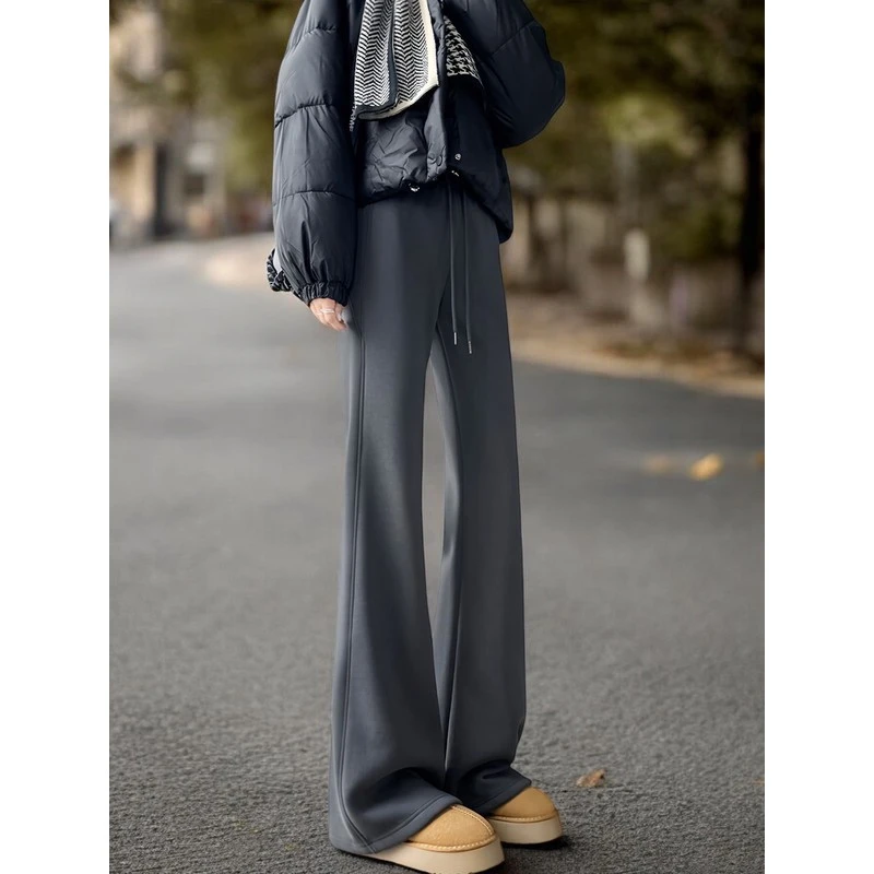Basic House/百家好黑色微喇运动裤女秋季直筒高腰垂感拖地休闲裤
