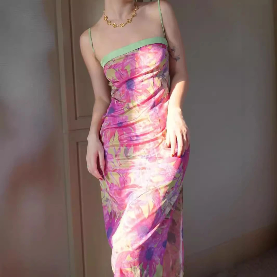 2024法式小众设计新中式碎花拼接撞色修身高腰连衣裙中长裙潮