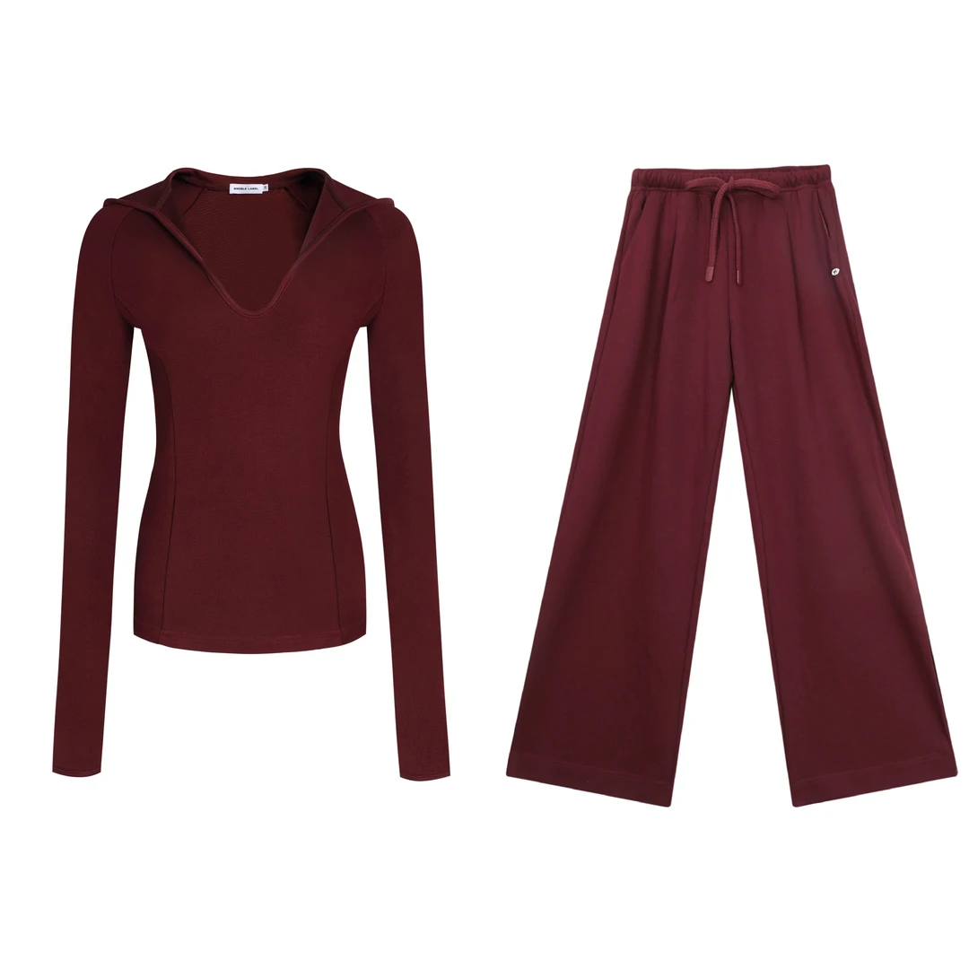 Noble.L 酒红色连帽长袖T恤长裤时尚休闲修身显瘦气质套头百搭