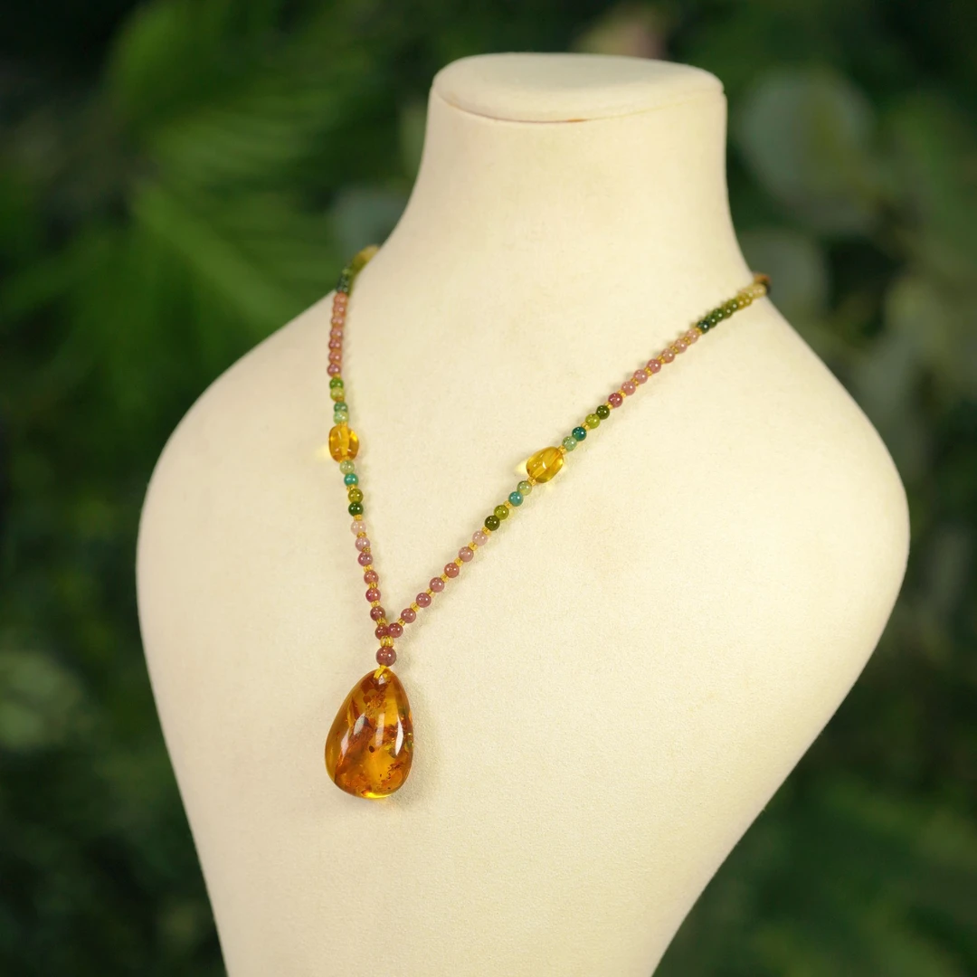 直播同价）天然花珀琥吊坠DIY网红女款项链（正品带证