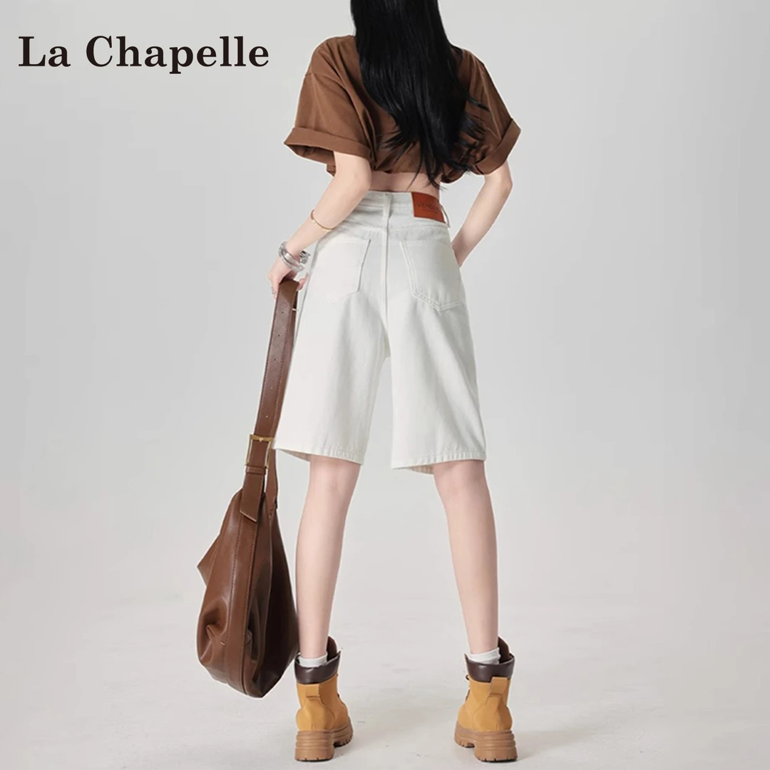 拉夏贝尔简约白色牛仔短裤夏季2025新款高腰宽松显瘦百搭外穿中裤