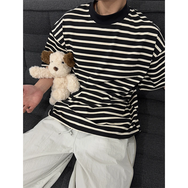 日系黑白横条纹t恤男生夏季美式复古cleanfit短袖高级感情侣半袖