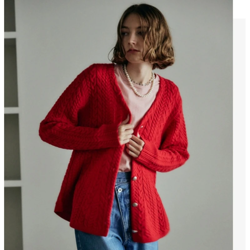 【MonTendre】 冬季新款 C 复古绞花宽松百搭羊毛针织开衫