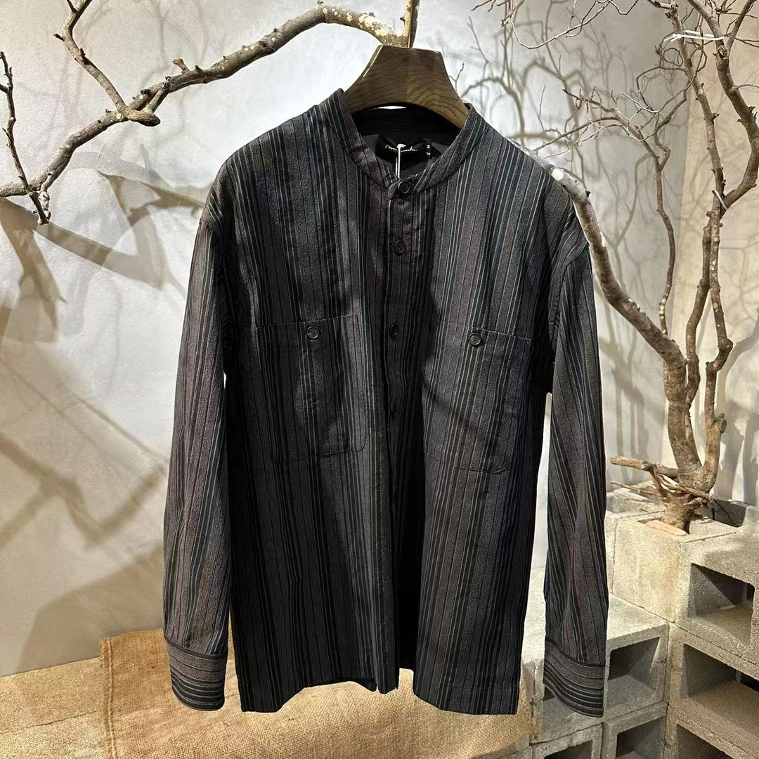 北纬三十度 原创设计师品牌男款春季潮流黑蓝间条纹圆领衬衫百搭