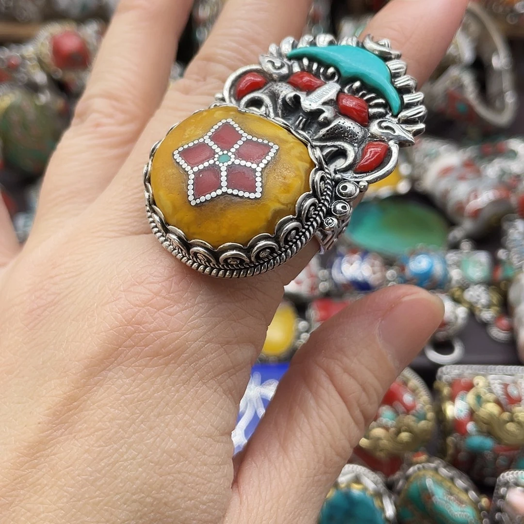 蜜蜡银S925镶嵌戒指