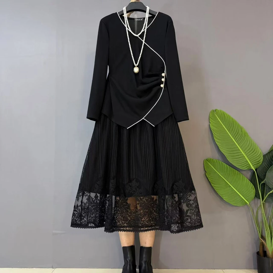 新款大码女装时尚气质V领遮肉不规则上衣+半身裙（可单拍）