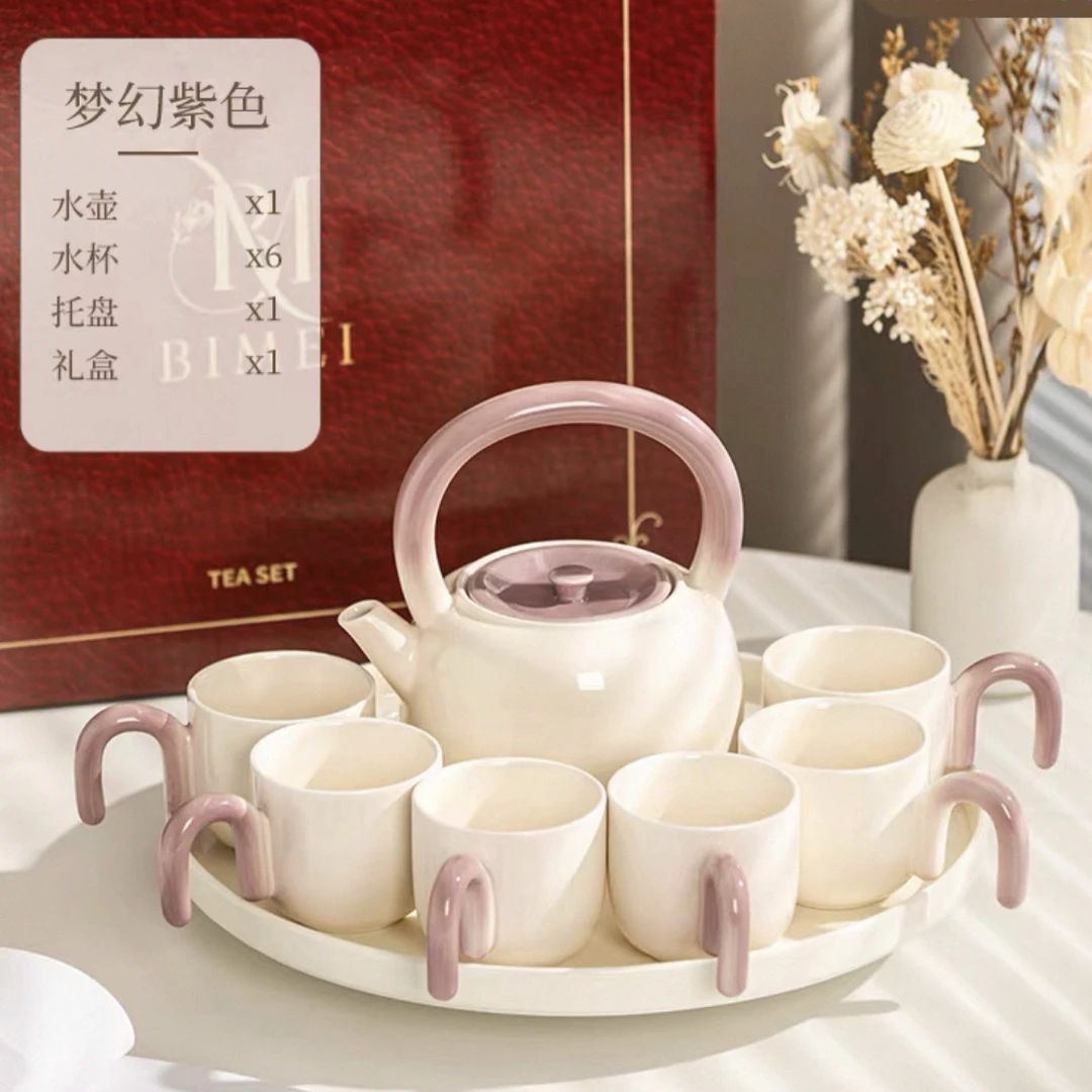 奶油风杯具套装家用客厅水杯茶杯水壶釉下彩陶瓷茶具乔迁送礼